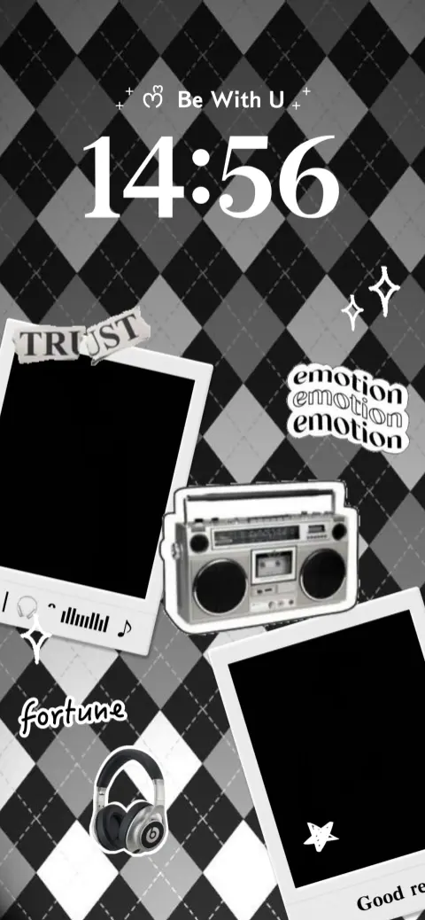 Aesthetic monochrome music collage live wallpaper template with Polaroid frames and vintage boombox on diamond pattern.