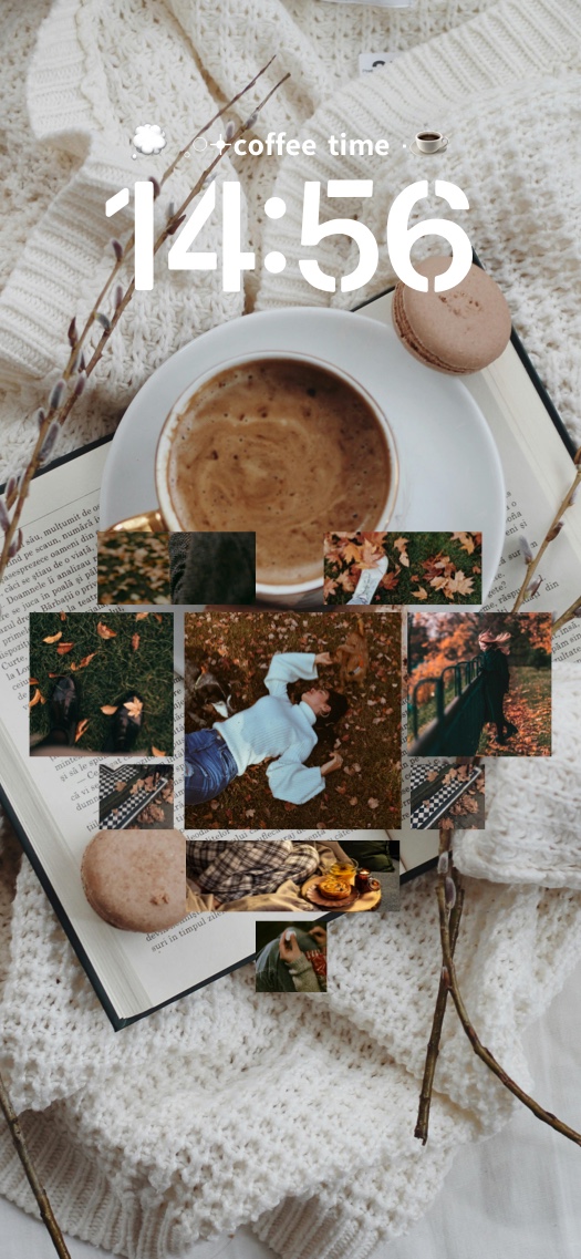 Cozy autumn aesthetic DIY wallpaper template with coffee, book, sweater, and customizable photo collage.