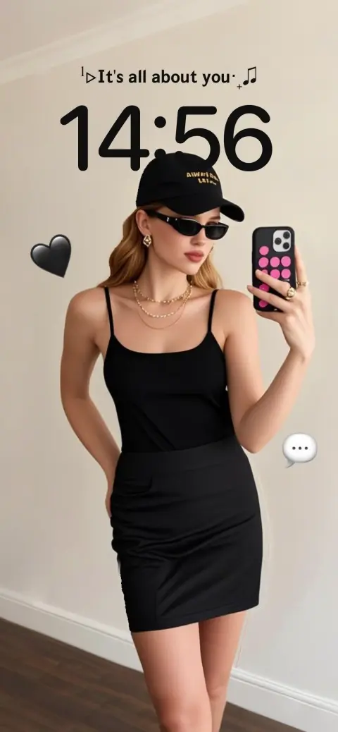 A customizable live wallpaper template featuring a woman in a black outfit taking a mirror selfie with floating heart and music player widgets.