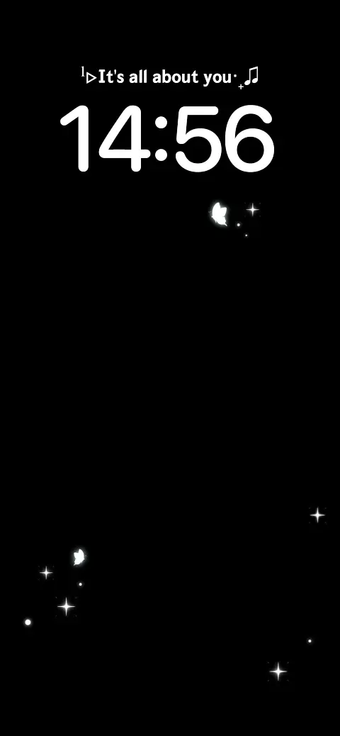 Aesthetic minimalist live wallpaper template featuring white butterflies and sparkles on a black background.