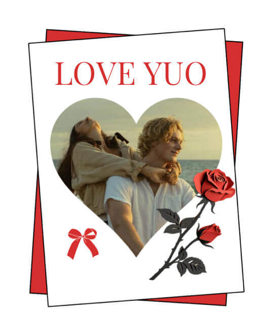 Modèle de montage photo en forme de cœur avec des roses rouges, un ruban rouge et l'inscription 'LOVE YUO'.