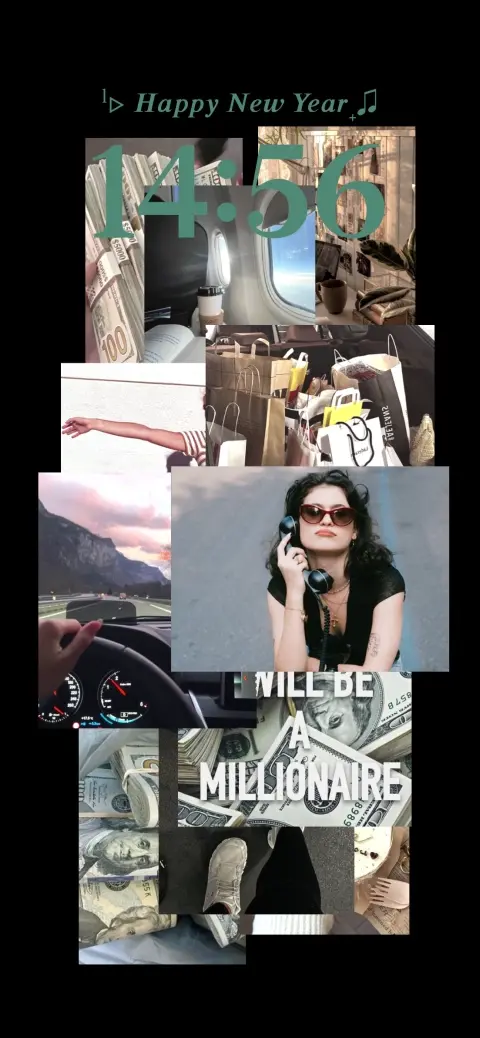 Aesthetic millionaire vision board collage with money, luxury cars, and manifestation quotes for mobile wallpaper.
