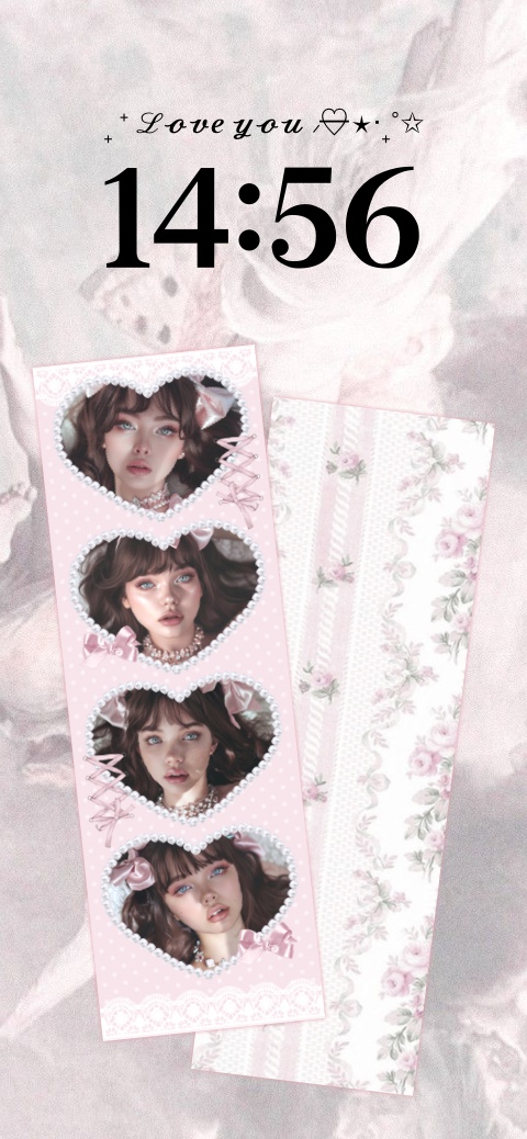 Soft pink coquette DIY wallpaper template featuring heart-shaped pearl photo frames and vintage floral lace patterns.