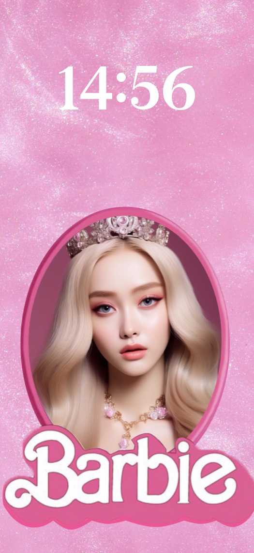 Customizable Barbie pink sparkle wallpaper template featuring a blonde princess in a glittery frame with Barbie logo.