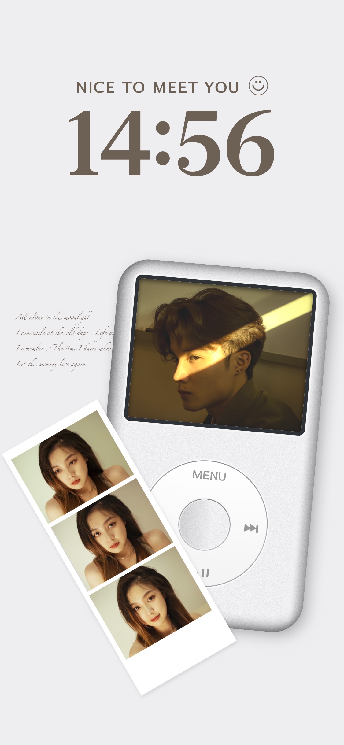 iPodの画面とポラロイド写真部分をカスタマイズできるレトロでミニマルな静止画壁紙テンプレート。