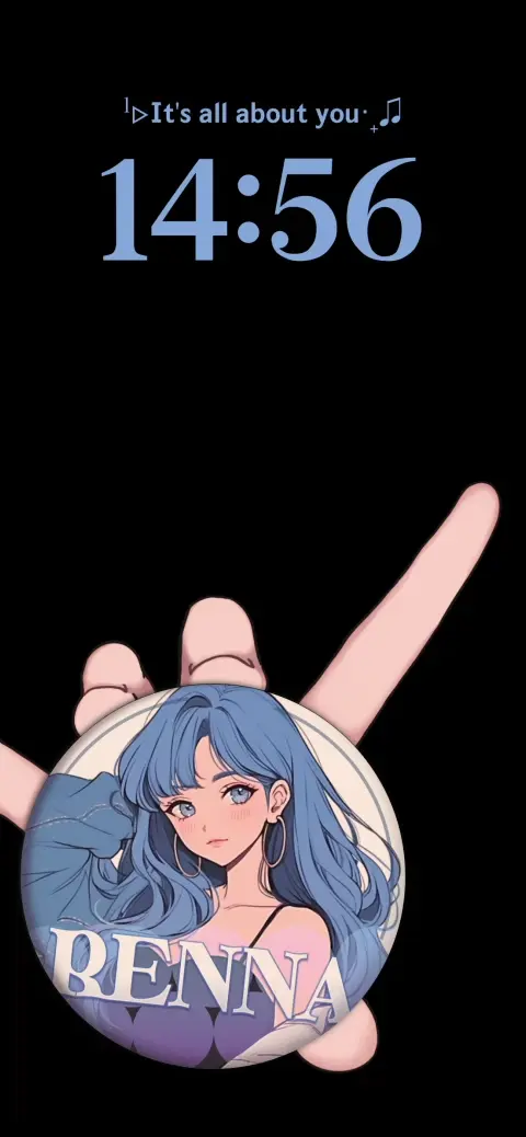 A hand holding a circular anime pin of a blue-haired girl named Benna on a minimalist black live wallpaper background.