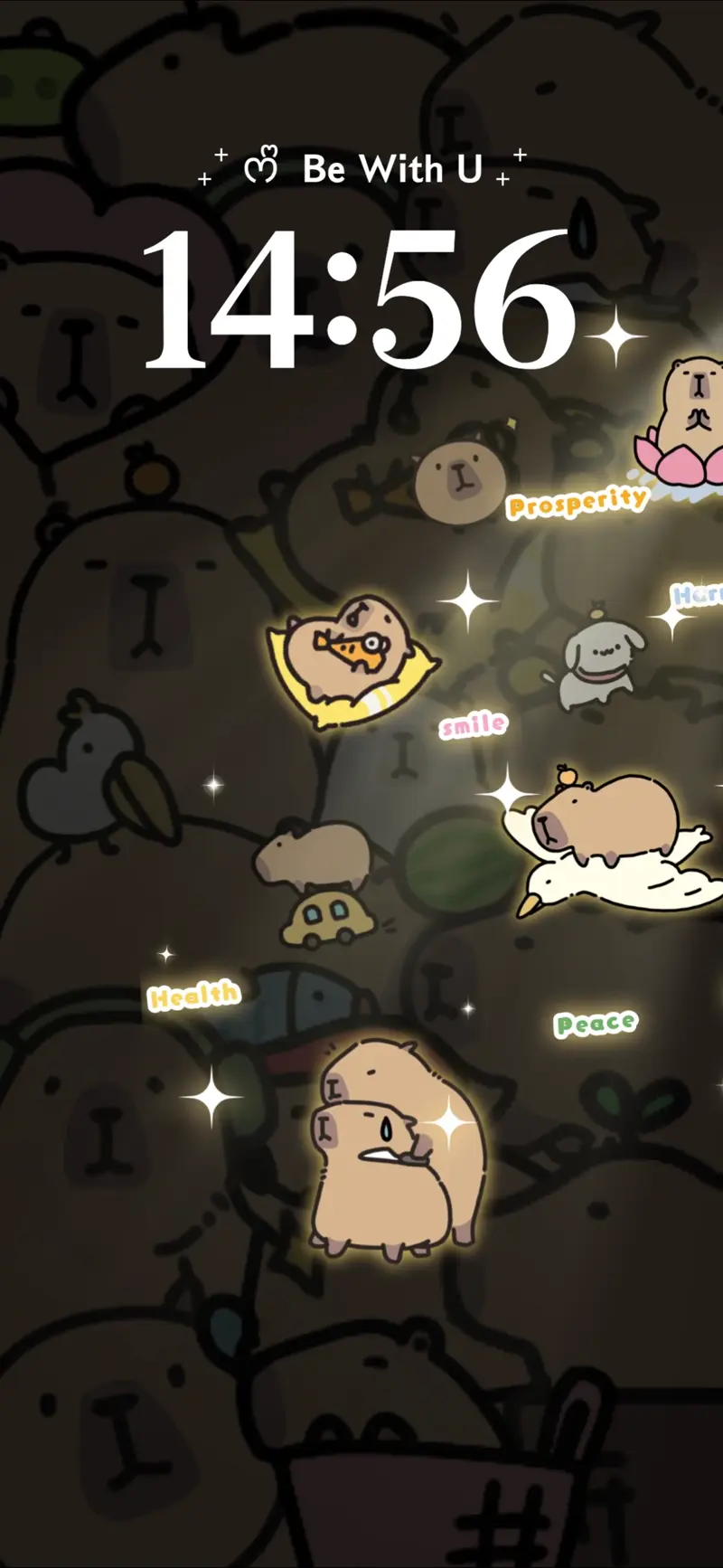 Dark brown background with many capybara doodles and customizable floating capybara stickers with glowing sparkles and text labels.
