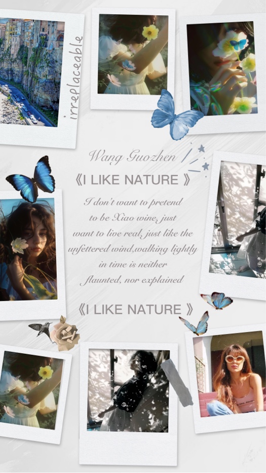 Aesthetic scrapbook collage template with multiple Polaroid photos, blue butterflies, and nature-themed poetry elements.