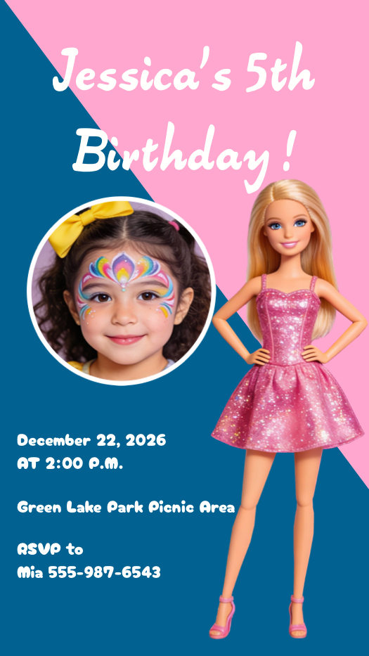 Eine Geburtstagseinladungsvorlage mit einer blonden Puppe im rosa Kleid, einem runden Foto-Platzhalter und Party-Details auf blau-rosa Grund.