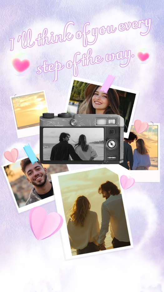 Plantilla de collage estilo scrapbook morado con marcos de fotos tipo polaroid, una cámara retro central y elementos decorativos de corazones rosas.