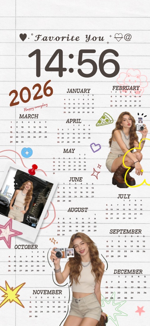 DIY 2026 calendar mobile wallpaper template with Y2K scrapbook style, polaroid photos, and hand-drawn doodle stickers.