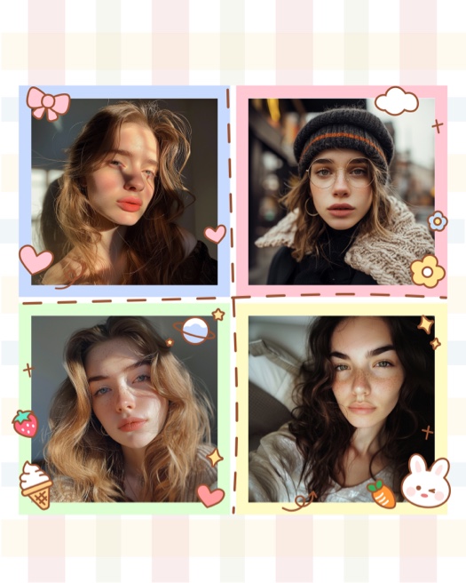 Plantilla de collage de 4 fotos con marcos pastel sobre fondo de cuadros vichy, decorada con pegatinas de conejo, fresa y corazones.