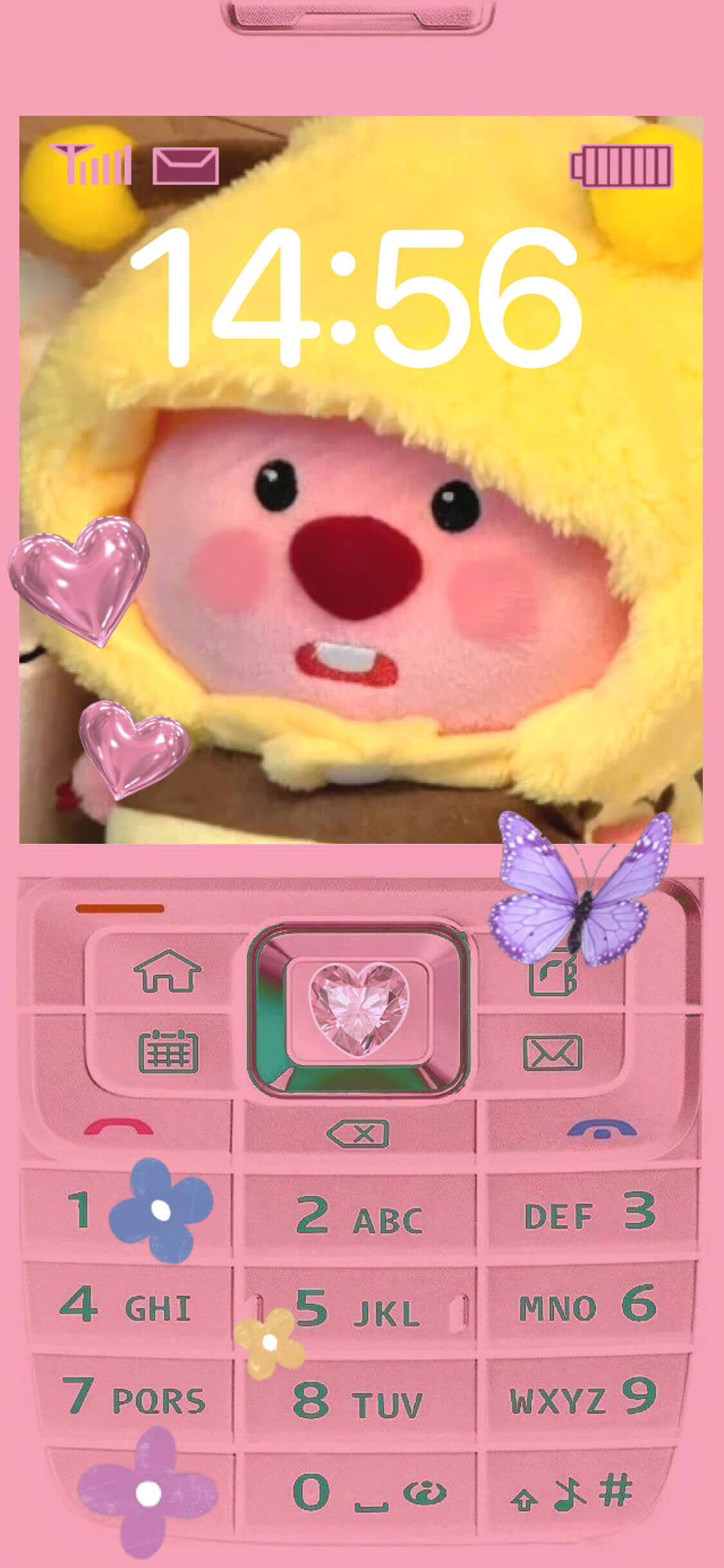 Anpassbare statische Wallpaper-Vorlage mit dem Charakter Loopy und einem pinken Retro-Handy-Tastenfeld mit Aufklebern.