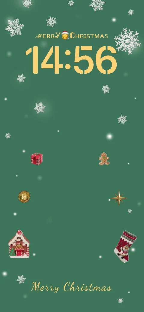 A green minimalist Christmas live wallpaper template featuring snowflakes, holiday icons, and a digital clock.