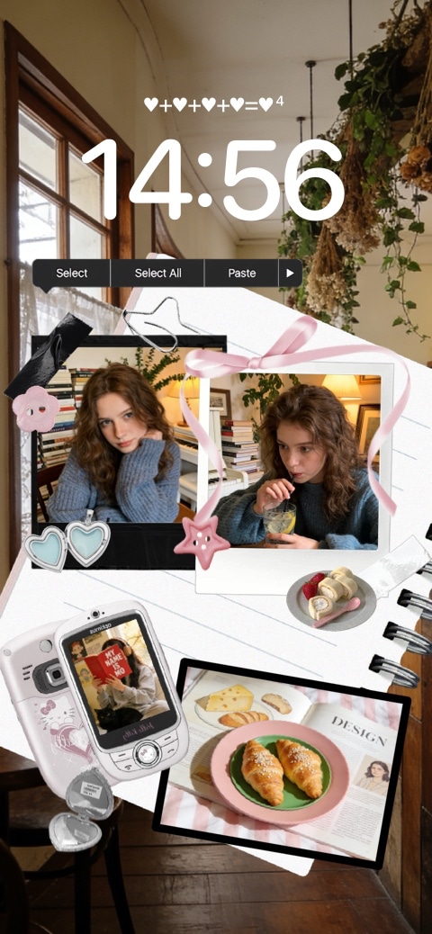 Aesthetic DIY wallpaper template featuring a coquette scrapbook collage with pink ribbons, Polaroids, and vintage camera.