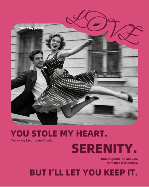 A romantic pink collage template featuring a black and white photo of a couple dancing, decorative 'LOVE' script, and quotes like 'You stole my heart' and 'You're my person'.