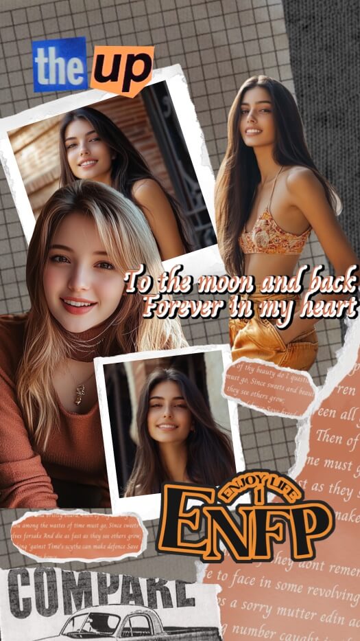A retro scrapbook-style photo collage template with four photo slots. Decorations include ripped paper edges, orange and grid backgrounds, ENFP and 'the up' stickers, and cursive text reading 'To the moon and back'.