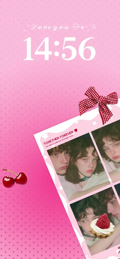 Modèle de fond d'écran animé personnalisable coquette rose avec cadre photo, nœud rouge et cerises.