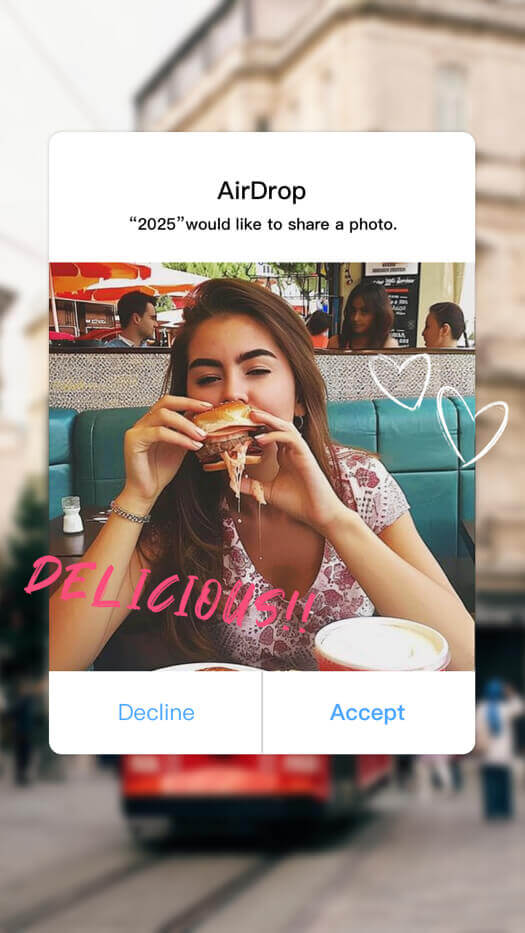 A woman eating a burger inside an AirDrop notification style photo collage template with pink delicious text.