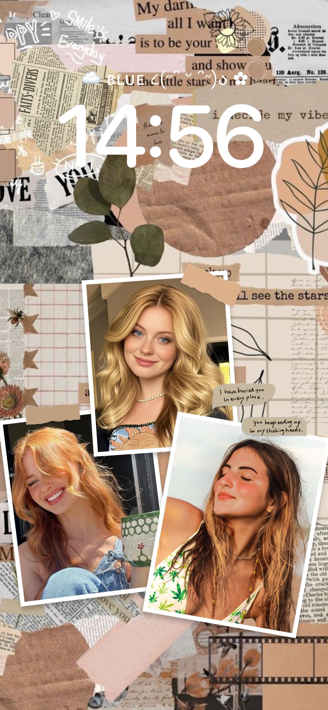 A vintage scrapbook style customizable wallpaper template featuring three polaroid photo frames, newspaper clippings, dried leaves, and tape on a beige textured background.