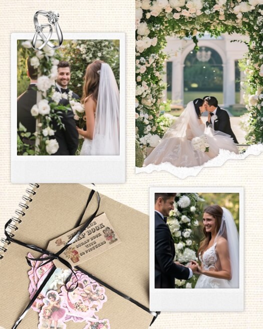 Hochzeits-Collage-Vorlage mit Polaroid-Fotos, einem Spiralbuch mit schwarzem Band, Eheringen und weißen Rosen auf hellem Hintergrund.