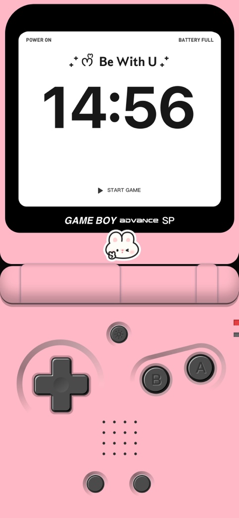 Plantilla de fondo de pantalla de una consola Gameboy Advance SP rosa con área de pantalla personalizable y un sticker de conejo.