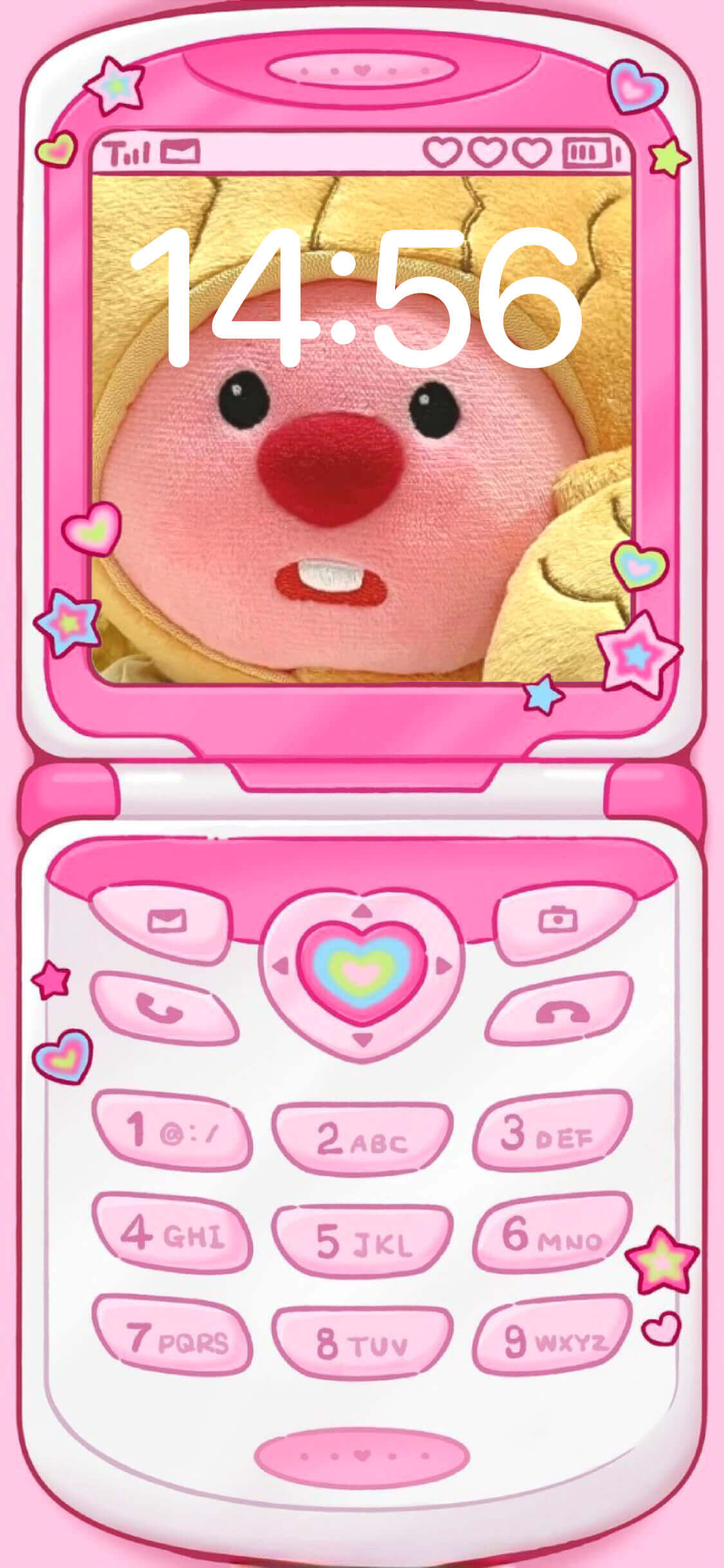 A static wallpaper template shaped like a pink Y2K flip phone with heart buttons and star decorations. The screen area is a customizable photo frame, currently showing a cute plush character.