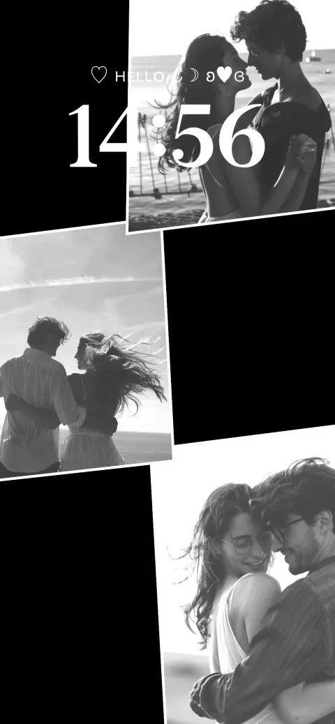 A monochrome collage template for live wallpapers featuring three customizable photo frames for couples with a digital clock and text area.
