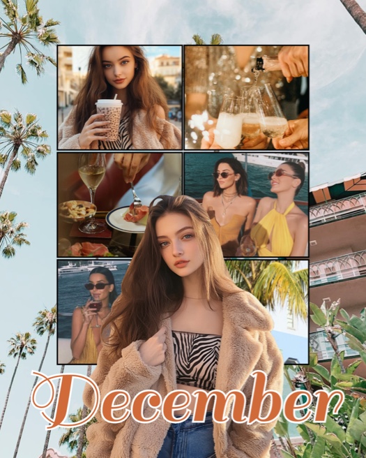 A December photo collage with 6 image slots featuring lifestyle shots, champagne, and tropical palm trees with 'December' text in orange font.