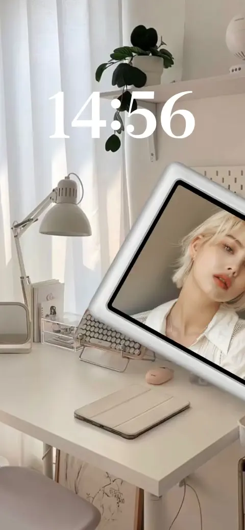 A minimalist white desk setup with a lamp, keyboard, and plant featuring a customizable digital tablet frame for personal photos.