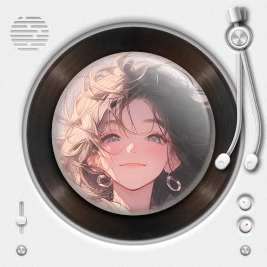 Eine Fotocollage-Vorlage im Stil eines weißen Vintage-Plattenspielers mit einem kreisförmigen Platzhalter in der Mitte einer schwarzen Schallplatte.