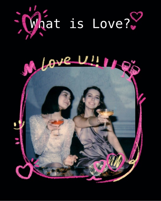 Y2K style romantic photo collage template with pink doodle hearts, hand-drawn text, and a single photo frame on black.