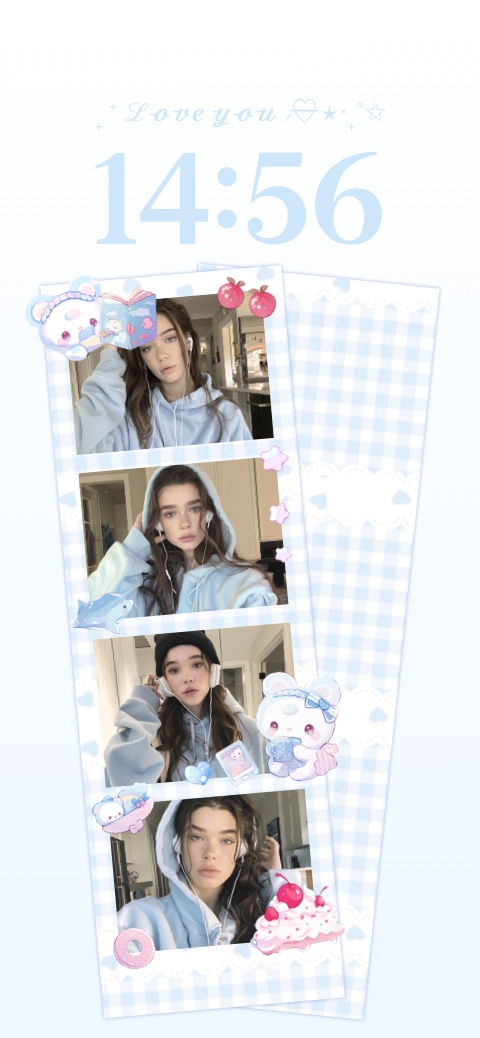 Anpassbare blaue Coquette-Hintergrundvorlage mit vier Fotofeldern und niedlichen Stickern.