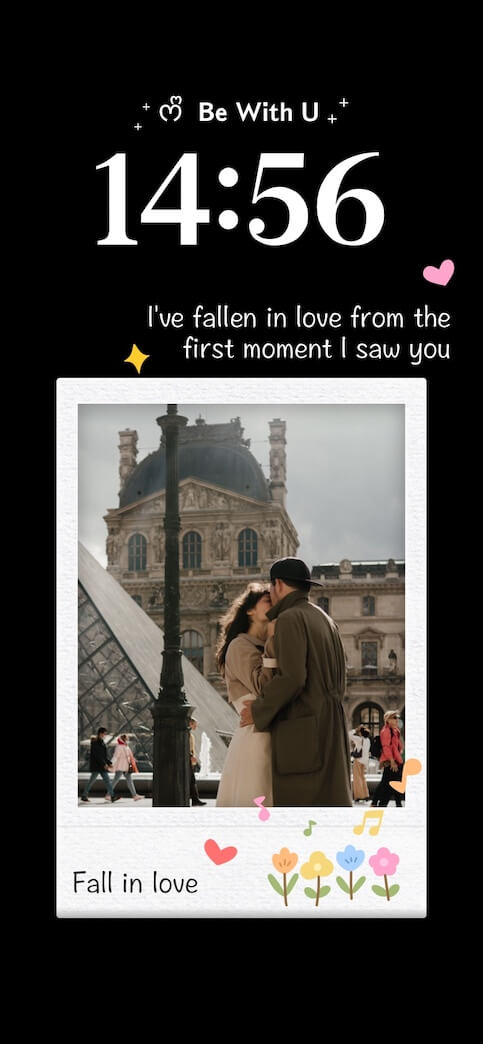 Aesthetic DIY mobile wallpaper template featuring a couple kissing in Paris inside a Polaroid frame on black background.