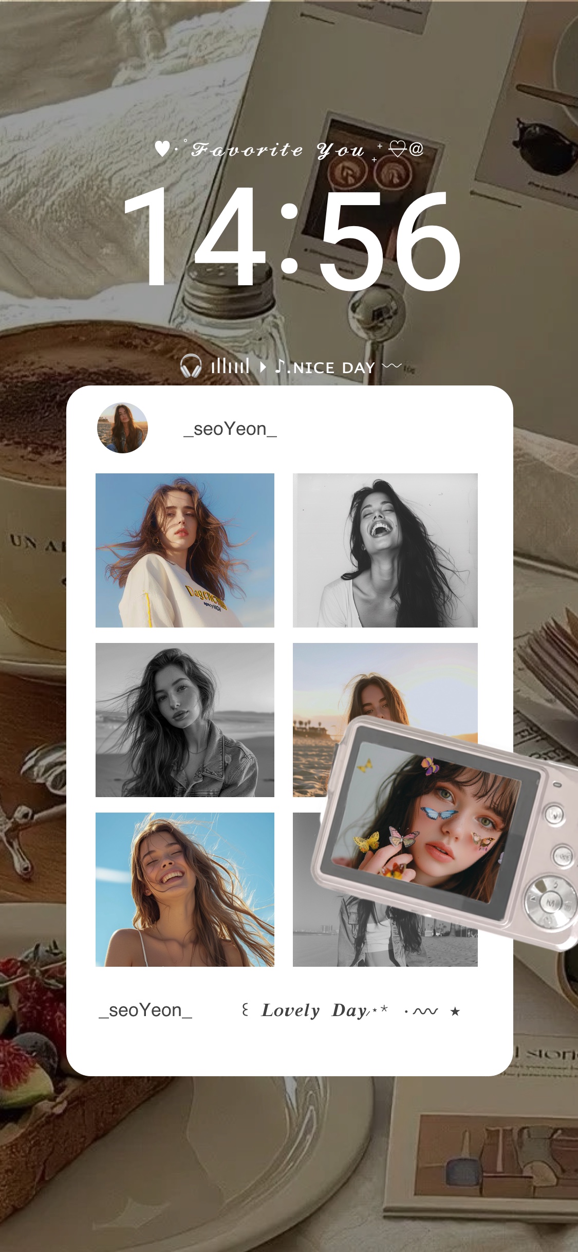 カフェの背景に6分割のフォトフレームとデジカメのイラストが付いた、カスタマイズ可能な静止画壁紙テンプレート。