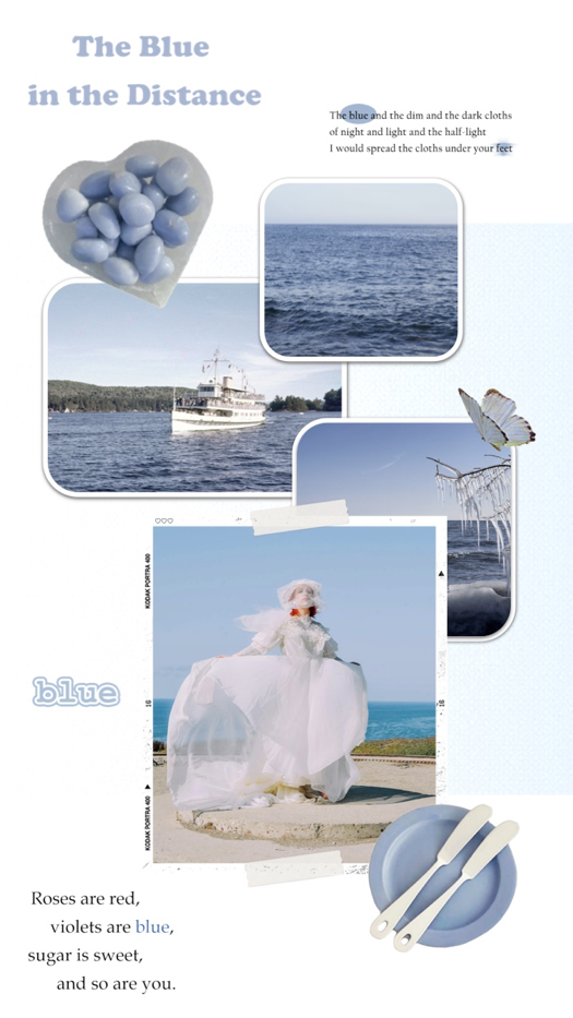A blue-themed scrapbook collage with ocean photos, a vintage boat, a woman in a white dress, and decorative blue pebbles and butterflies.