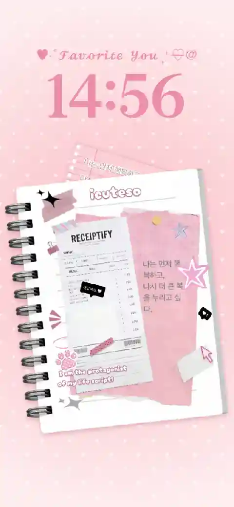 Eine anpassbare rosa Live-Wallpaper-Vorlage mit Spiralnotizbuch und Musik-Quittung-Design.