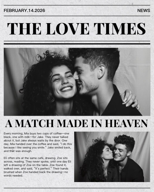Eine schwarz-weiße Fotocollage im Zeitungsstil mit dem Titel 'THE LOVE TIMES', datiert auf den 14. Februar 2026. Sie zeigt zwei Fotos eines glücklichen Paares und eine Schlagzeile mit der Aufschrift 'A MATCH MADE IN HEAVEN'.