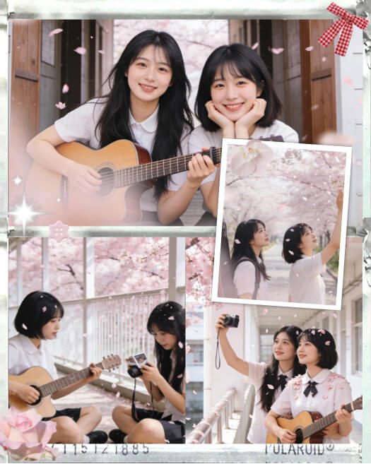 A 4-photo collage template featuring girls playing guitar and walking under cherry blossom trees, decorated with pink sakura petals, a red gingham bow, and polaroid frames.
