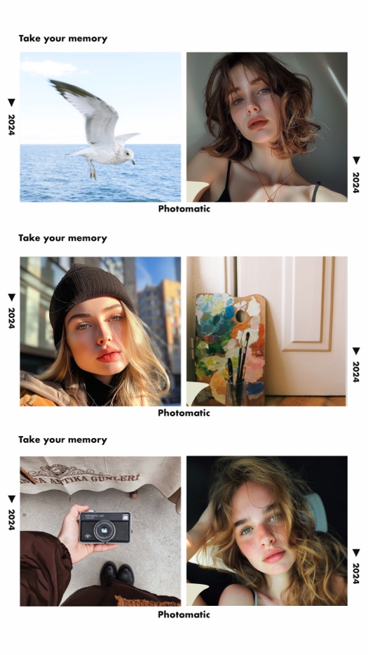 Vertical 6-photo collage template with white background, 2024 text, and minimalist Photomatic film strip style.