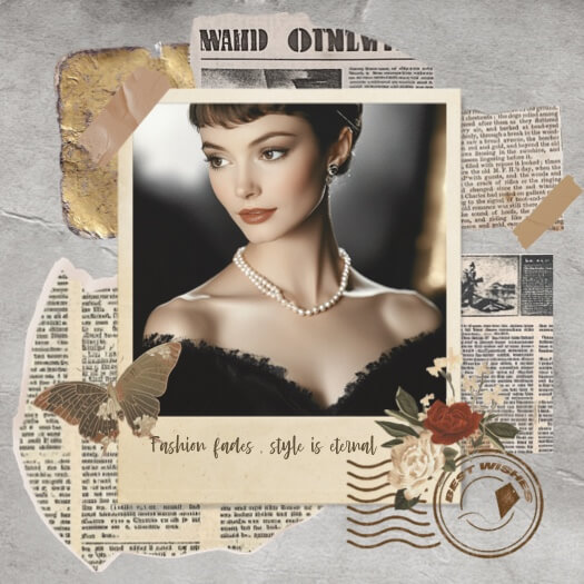 Vintage scrapbook photo collage featuring a woman in a polaroid frame with ripped newspaper and rose stickers.