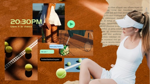 Plantilla de collage con temática de tenis, fondo de arcilla naranja, bordes de papel rasgado, burbujas de chat y elementos deportivos.