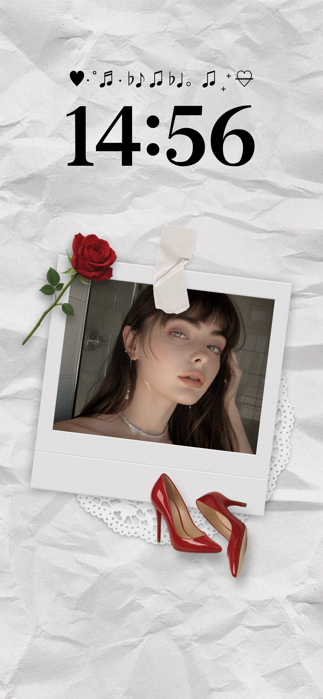 A DIY static wallpaper template featuring a red rose, red high heels, and a customizable Polaroid photo frame on a white crumpled paper background.