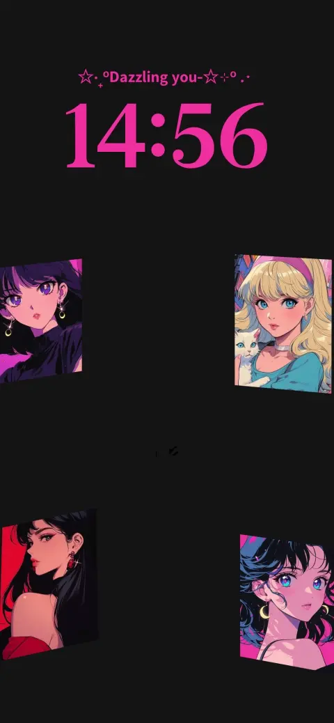 Eine anpassbare Live-Wallpaper-Vorlage mit vier Fotorahmen für Retro-Anime-Mädchen auf schwarzem Hintergrund.