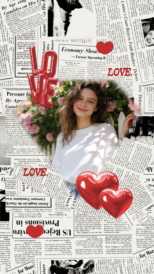 Vintage newspaper collage template with red heart balloons, pink flowers, and a woman's photo in a scrapbook style.