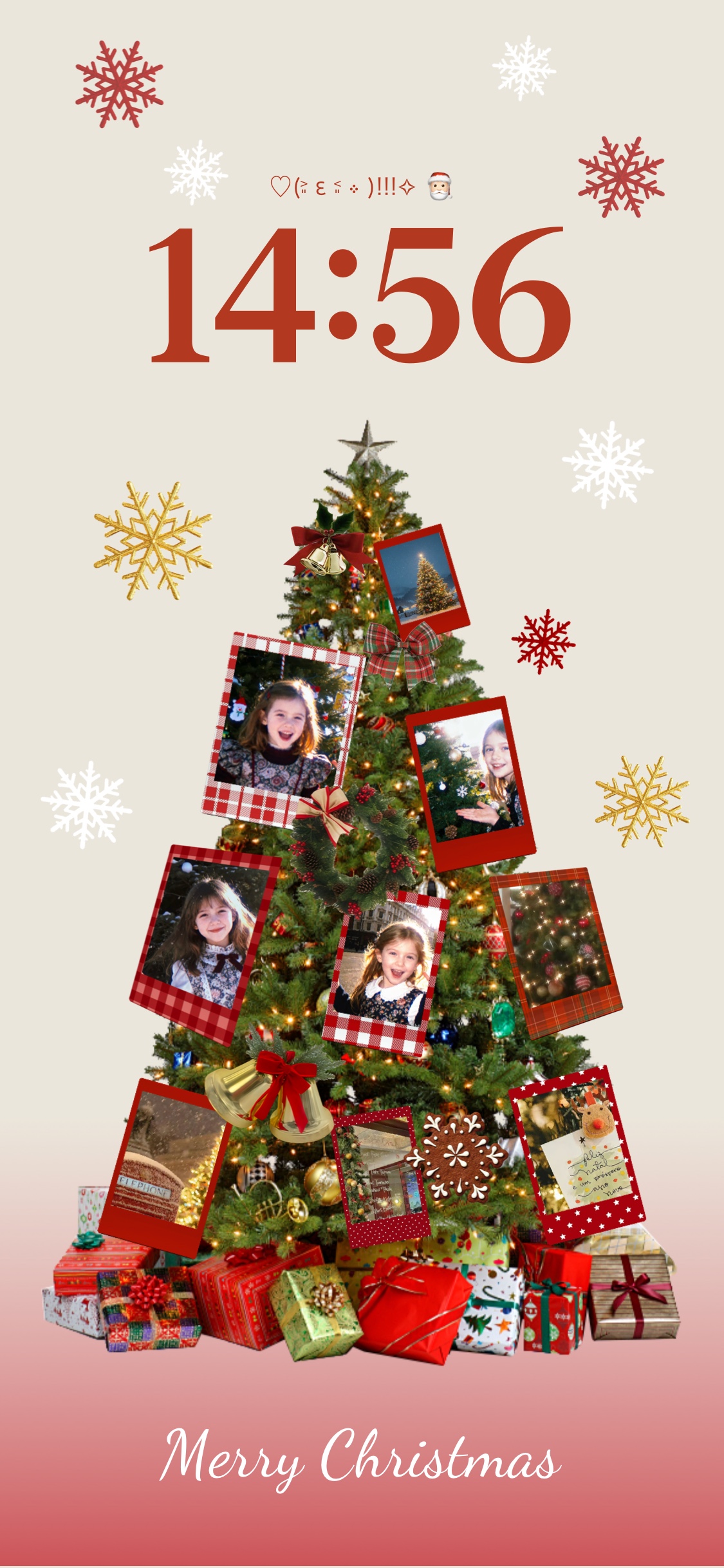 DIY Christmas tree wallpaper template with customizable Polaroid photo frames, snowflakes, and presents on a cream background.
