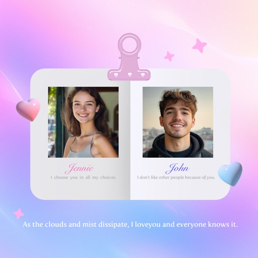 Plantilla de collage para 2 fotos con fondo degradado pastel, un clip rosa con corazones y elementos decorativos de corazones 3D sobre un diseño de carpeta.