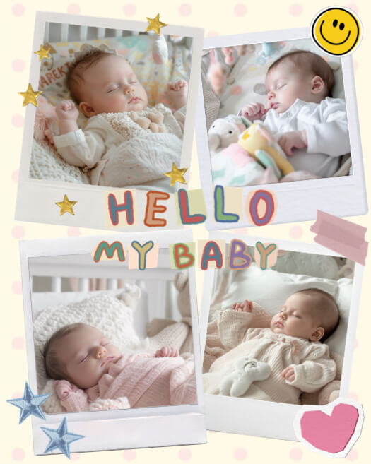 A 4-photo baby collage template with Polaroid-style frames on a cream polka-dot background. It features text saying 'HELLO MY BABY' in colorful bubble letters, gold and blue stars, a yellow smiley face, and a pink heart sticker.