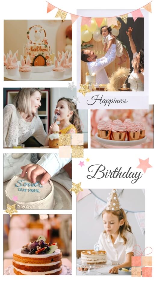 A birthday-themed photo collage with glitter stars, pink bunting, and cursive text saying Happiness and Birthday, featuring various cakes and children.