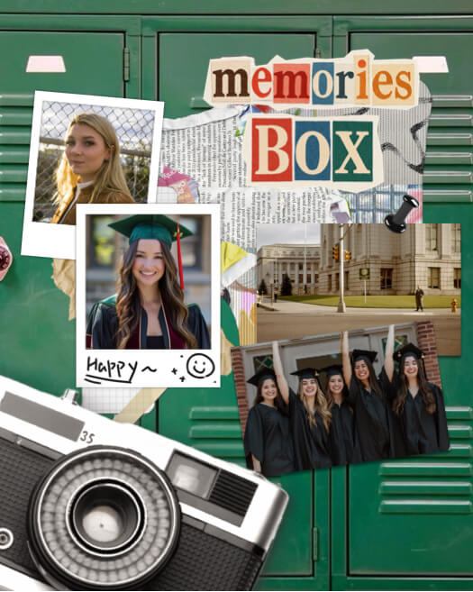 A vintage school-themed photo collage featuring green lockers, a film camera, Polaroid frames with graduation photos, and 'memories BOX' text made of newspaper clippings.